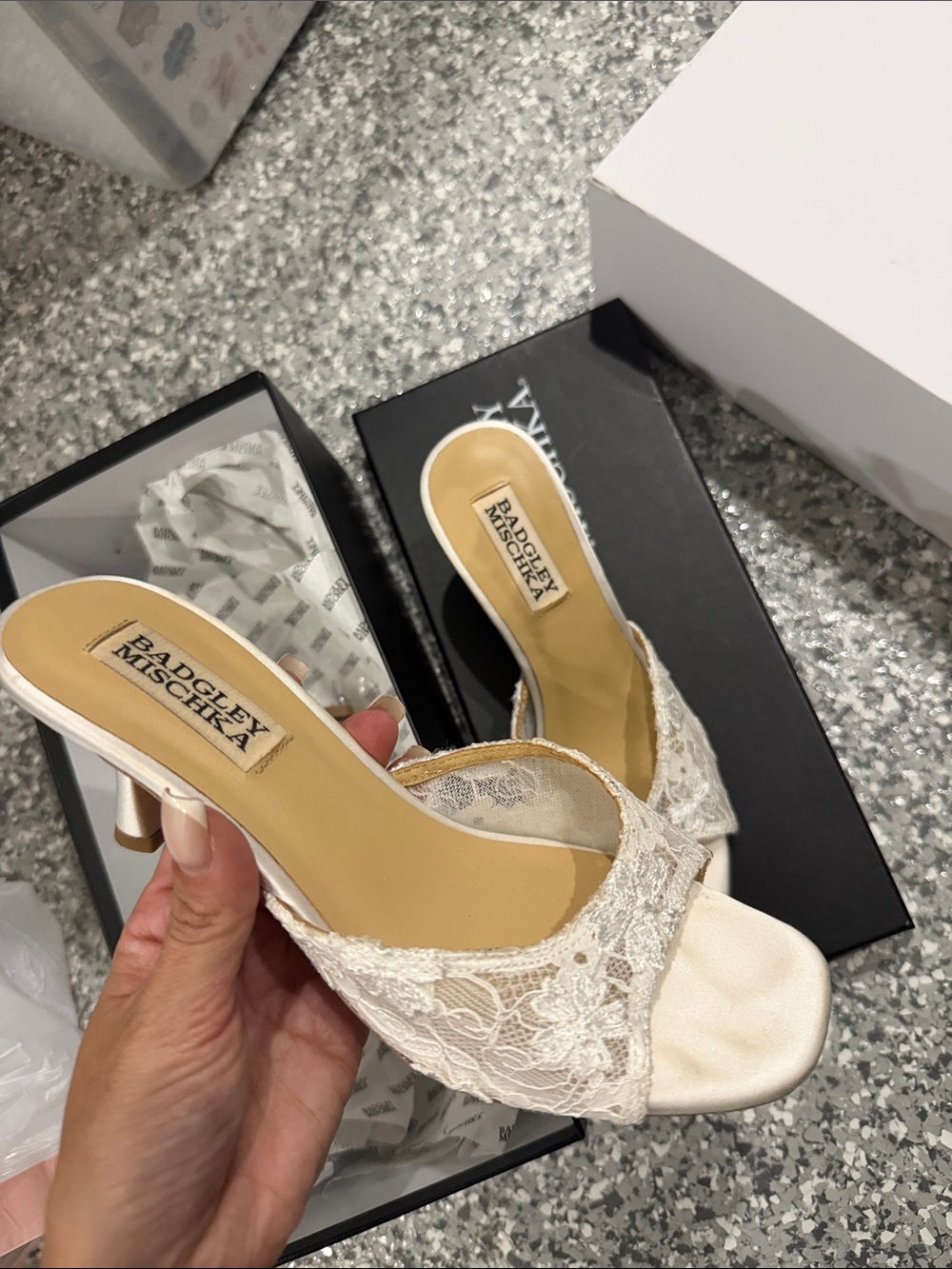 Badgley Mischka Ivory Lace Open-Toe Slide Heels